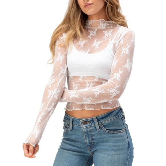Sheer White Floral Lace Long Sleeve Crop Top - Picture 1 of 3